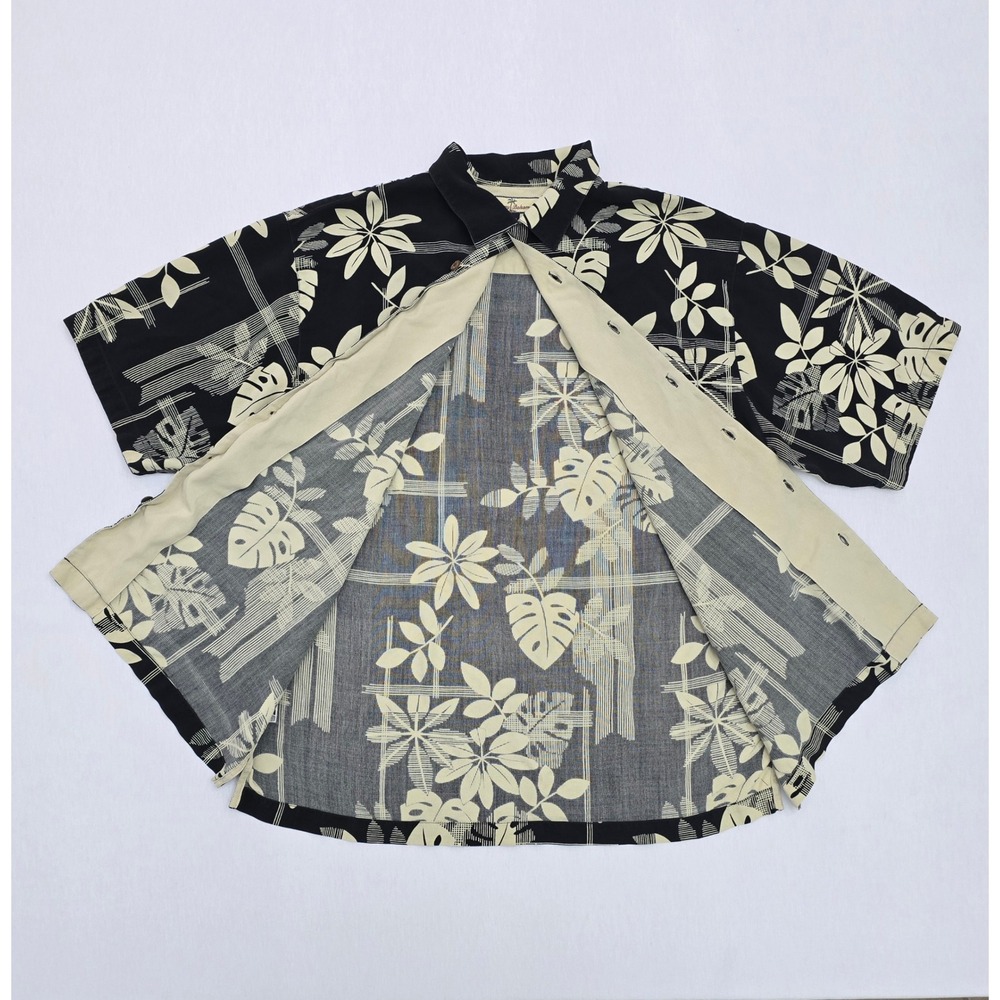 Tommy Bahama Mens Large Silk Tropical Floral Leaf Button Down Shirt Black Cream - Picture 4 of 12